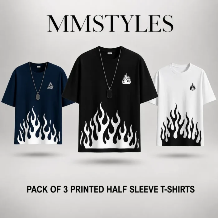 Pack of 3 Fire Printed T-Shirts – Blue, Black & White Graphic Set