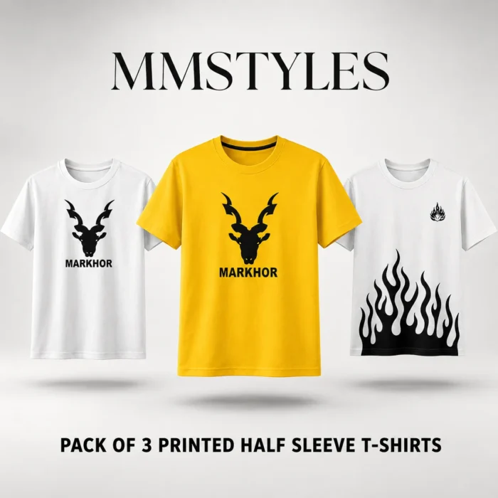 Pack of 3 Fire Printed T-Shirts – White Fire, White King & Yellow Markhor