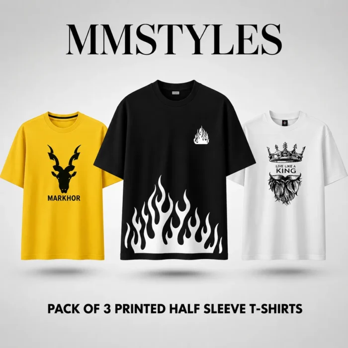 Pack of 3 Fire Printed T-Shirts – Yellow Markhor, Black Fire & White King